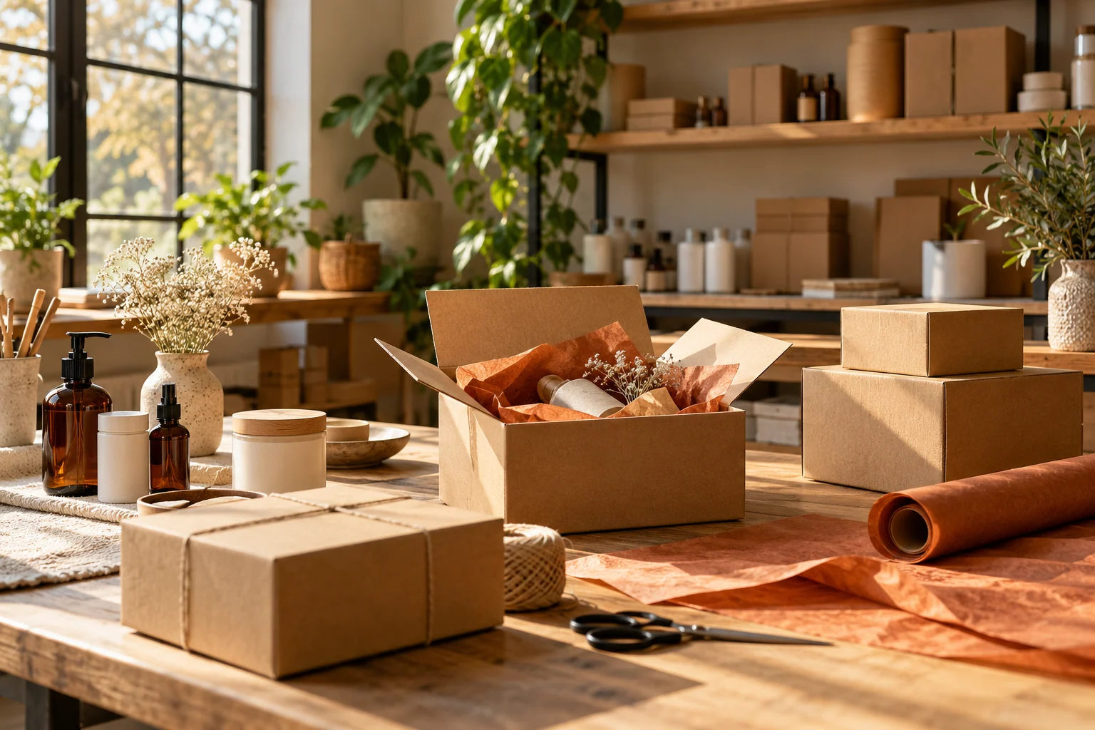 AI-created editorial illustration: An elegant small e-commerce packing studio with plain kraft boxes, tissue paper and unbranded bottles, warm human scale.